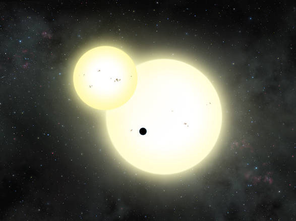 Rappresentazione artistica del transito del pianeta Kepler-1647 b contro i dischi delle sue stelle