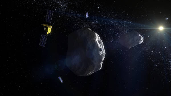 Rappresentazione artistica della missione Aim (Asteroid Impact Mission) proposta dall'Agenzia Spaziale Europea (Esa), che prevede l'invio di due mini-satelliti verso la piccola 'luna' dell'asteroide Didimo (fonte: ESA - ScienceOffice.org)