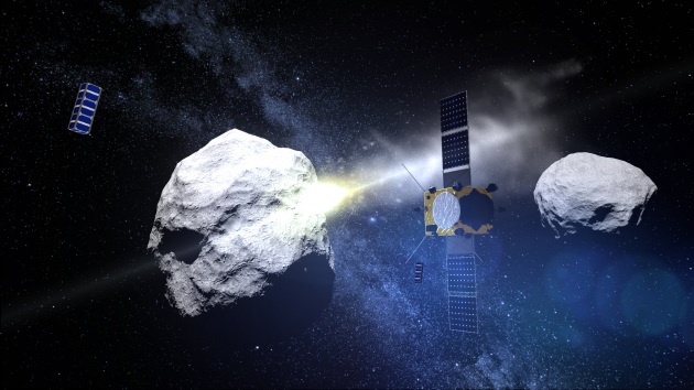 La sonda AIM e i CubeSats assistono all'impatto di DART con la luna dell'asteroide.|ESA