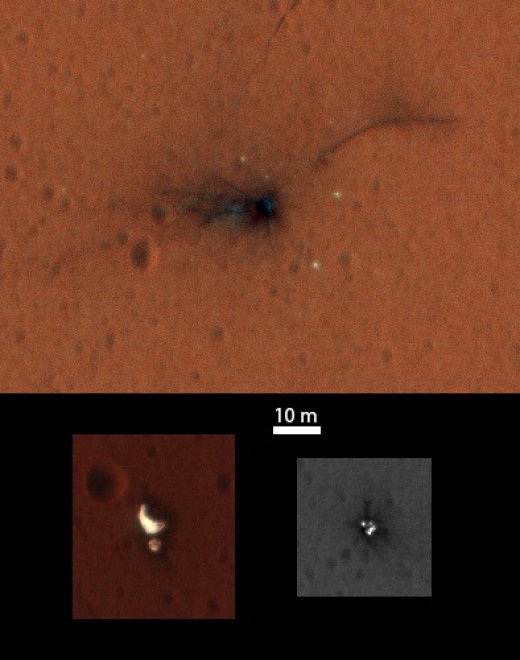 Gli scatti acquisiti il primo novembre dal Mars reconnaissance orbiter (Mro) della Nasa mostrano parti del modulo di Schiaparelli precipitato il 19 ottobre sul pianeta rosso e del sito di atterraggio. Il Trace gas orbiter (tgo) - la sonda madre della missione euro-russa ExoMars - effettuerà le sue prime osservazioni scientifiche durante due dei suoi circuiti altamente ellittici, corrispondenti a otto giorni, intorno a Marte, a cominciare dal 20 novembre prossimo, compreso scattare le prime immagini del pianeta dal suo arrivo. 