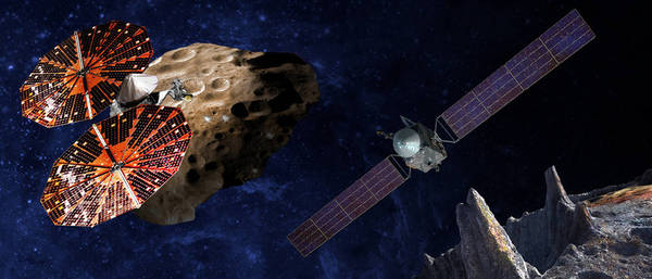 Rappresentazione artistica delle nuove missioni della Nasa. A sinistra Lucy, vicino a uno degli asteroidi troiani di Giove; a destra Psyche vicino all'asteroide 16 Psyche (fonte: SwRI e SSL/Peter Rubin, NASA)