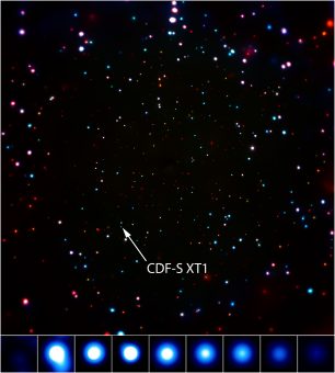 La posizione della sorgente CDF-S XT1 nel campo Chandra Deep Field South e, in basso, una sequenza di riprese del telescopio spaziale Chandra nei raggi X della stessa sorgente che mostrano la sua variazione di luminosità, registrata nel corso di poche ore nell’ottobre del 2014.