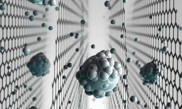 Una rappresentazione della membrana al grafene, e dei sali avvolti da molecole d'acqua, che non riescono a passare.|THE UNIVERSITY OF MANCHESTER