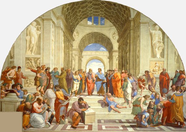 La famosa “Scuola di Atene” di Raffaello, dove si riconoscono Platone, Aristotele, Pitagora, Averroè, Eraclito e molti altri, che oggi chiameremmo scienziati o filosofi, prima che le culture scientifica e umanistica si scindessero. (immagine da Wikimedia)