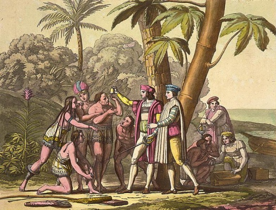 Cristoforo Colombo mentre mostra oggetti a uomini e donne native americane sulla spiaggia.