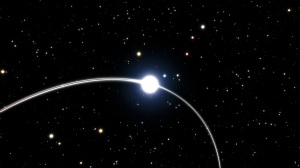Rappresentazione artistica degli effetti della relatività generale sull’orbita della stella S2, vicina al centro galattico. L’orbita della stella sembra deviare leggermente dal percorso calcolato con la fisica classica. Questo risultato "stuzzicante" è solo il preludio di misure ancora più precise e di verifiche della teoria della relatività che verranno effettuate con lo strumento Gravity quando S2 passerà molto vicino al buco nero, nel 2018. | ESO/M. PARSA/L. CALÇADA