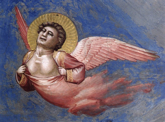 Gli angeli hanno avuto un ruolo fondamentale in molte religioni come ambasciatori di Dio e suoi esecutori. Nella religione cattolica si fanno vedere nei momenti più importanti, come questo Angelo piangente, particolare da una Crocifissione di Giotto.