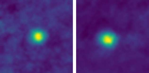 Riprese in falsi colori di 2012 HZ84 (sx) e 2012 HE85 (dx). Sono le immagini scattate alla distanza maggiore dalla Terra, e le più ravvicinate per oggetti della fascia di Kuiper. Crediti: Nasa/Jhuapl/Swri