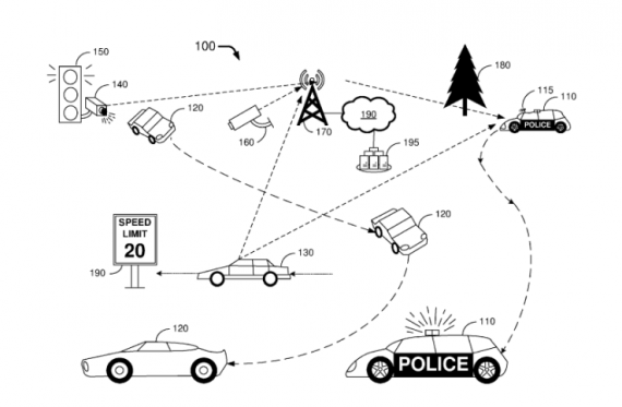 Una delle illustrazioni presentate nella richiesta di brevetto. Il caso di infrazioni al codice della strada un sofisticato sistema di sensori e autovelox allerta l'autopattuglia senza conducente. | Ford Global Technologies, LLC.