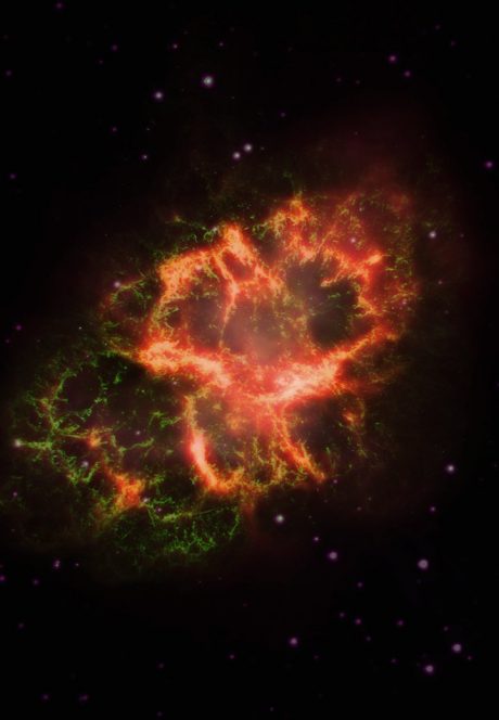 Immagine composita che mostra i dati all’infrarosso (in rosso), luce visibile (verde) e ultravioletto (viola) della Nebulosa del Granchio. Crediti: J. Greaves