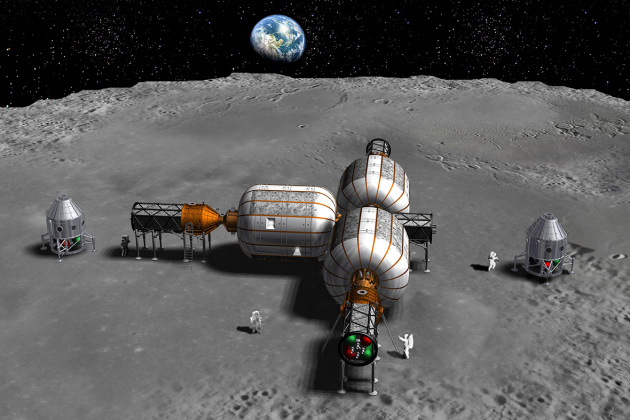 Una base lunare assemblata con i moduli gonfiabili della Bigelow. Vedi anche: il primo avamposto lunare sarà "Europa"?|BIGELOW