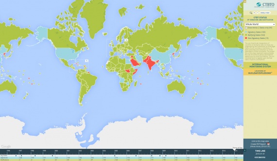 A che punto è il trattato per la messa al bando dei test nucleari? Potete vederne l'evoluzione con la mappa interattiva sulle pagine di CTBTO.org.