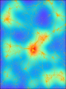 La struttura a grande scala e le velocità delle galassie in una regione della simulazione numerica basata sulla Relatività Generale (con energia oscura), che meglio riproduce i dati sperimentali. La figura riproduce una regione di 500 x 370 milioni di anni luce, con uno spessore di 70 attorno ad un super-ammasso di galassie in formazione. I colori descrivono la variazione di densità (crescente dal blu al rosso), mentre le piccole freccette indicano le velocità in quelle posizioni. Come aghi di tante bussole, le velocità delle galassie tracciano la crescita gravitazionale delle strutture, che dipende dal sottile bilancio tra la forza di gravità (e sue eventuali modifiche) e l’espansione dell’universo