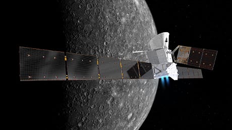 Interpretazione artistica della sonda BepiColombo con Mercurio sullo sfondo (Credit: ESA/ATG medialab; Mercury: NASA/JPL)