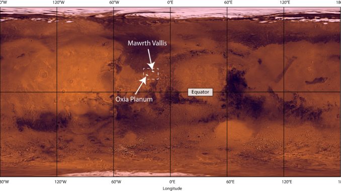 La posizione della regione Oxia Planum, scelta quale sito di sbarco del rover di ExoMars 2020. Crediti: Nasa/Jpl/Usgs