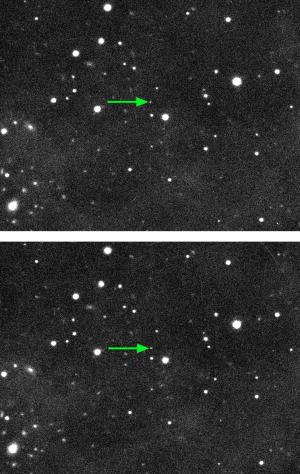 Immagini di 2018 Vfg18 “Farout”, ottenute dal Subaru Telescope il 10 novembre 2018. Confrontando le due immagini si osserva il movimento di Farout nell’arco di un’ora mentre le stelle di sfondo e le galassie rimangono ferme. Crediti: Scott S. Sheppard e David Tholen
