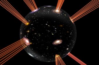 Secondo il modello proposto nello studio, l’universo si troverebbe incastonato lungo i margini d’una bolla che si sta espandendo in uno spazio a cinque dimensioni. E tutta la materia esistente nell’universo corrisponderebbe alle estremità di stringhe che si estendono nella dimensione extra. Crediti: Suvendu Giri