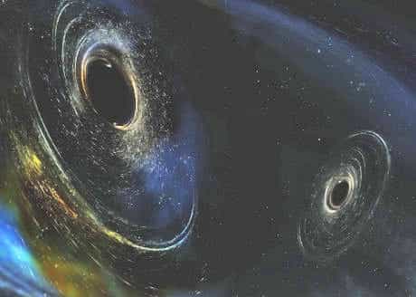 Illustrazione di una coppia di buchi neri in fase di collisione (Cortesia Ligo Scientific Collaboration)