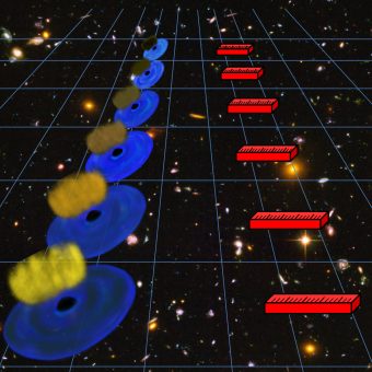 Quasar come candele standard: il confronto fra l’emissione ultravioletta di un quasar (in blu) e quella in banda X (in giallo-marrone) fornisce una stima della luminosità del quasar, e da questa la sua distanza da noi. In questo modo possiamo usare i quasar come “righelli” per misurare il tasso di espansione dell’universo. Crediti: G. Risaliti