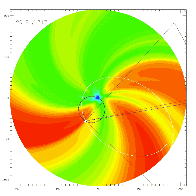 I modelli numerici forniscono un contesto globale per l'interpretazione delle osservazioni di Parker Solar Probe. Questa animazione proviene da un modello che mostra come il vento solare fuoriesce dal Sole, con la prospettiva dello strumento WISPR di Parker Solar Probe sovrapposto. Credits: Predictive Science Inc.