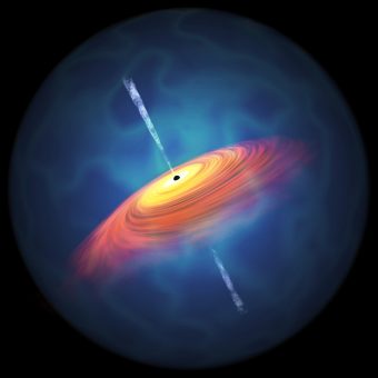Impressione artistica di un quasar. Al centro si trova un buco nero supermassiccio e l’energia gravitazionale del materiale che si accumula sul Smbh viene rilasciata come luce. Crediti: Yoshiki Matsuoka