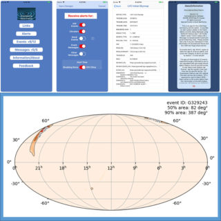 In alto, due schermate della app per iPhone in grado di ricevere gli alert di onde gravitazionali. In basso, la regione di cielo nella quale dovrebbe aver avuto origine l’onda gravitazionale rilevata l’8 aprile 2019. Crediti: Ligo/Caltech/Mit