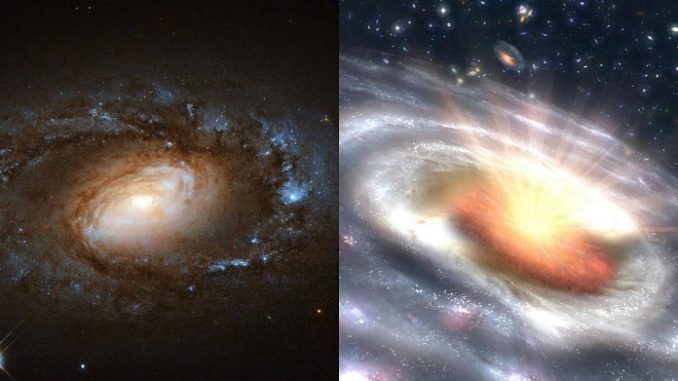 (foto: a sinistra un’illustrazione artistica in infrarossi e luce visibile:Esa/Hubble, Nasa e S. Smartt – Queen’s University Belfast. A destra: illustrazione artistica – Nasa/Jpl-Caltech).