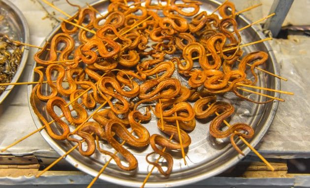 Serpenti arrostiti in vendita in un mercato cinese. | SHUTTERSTOCK