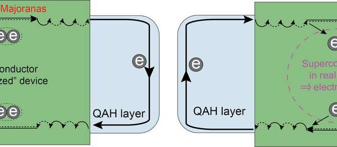 Uno stato quantico esotico noto come "fermione chirale di Majorana" è previsto in dispositivi in ​​cui un superconduttore è fissato sopra un isolante quantico anomalo di Hall (QAH) (pannello sinistro). Gli esperimenti condotti presso la Penn State e l'Università di Würzburg in Germania mostrano che la striscia superconduttore di dimensioni millimetriche utilizzata nella geometria del dispositivo proposta crea un cortocircuito elettrico, impedendo il rilevamento di Majoranas chirali (pannello di destra). Credito: Cui-zu Chang, Penn State