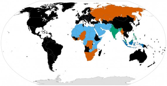 La mappa della poligamia. In verde i paesi dove è legale solo per i musulmani; in azzurro dove è permessa ed è legale per tutti; in blu l'Indonesia dove la poligamia è permessa e legale; in arancione i Paesi dove la poligamia non è legale ma è permessa; un nero i Paesi dove la poligamia è illegale e criminalizzata. | Wiki Media