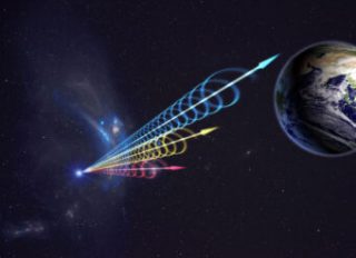 Impressione artistica di un Fast Radio Burst in viaggio verso la Terra. I colori rappresentano il fascio di luce che arriva a diverse lunghezze d’onda nella banda radio. In blu le lunghezze d’onda più corte, che arrivano svariati secondi prima di quelle in rosso, che corrispondono invece a lunghezze d’onda maggiori. Questo effetto si chiama dispersione ed è dovuto al fatto che il segnale radio passa attraverso a del plasma. Crediti: Jingchuan Yu, Planetario di Pechino