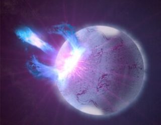 Una rottura nella crosta di una stella di neutroni altamente magnetizzata, mostrata qui in un rendering artistico, può innescare eruzioni ad alta energia. Crediti: Goddard Space Flight Center/S della Nasa; Wiessinger