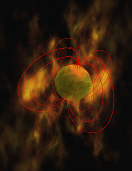 Raffigurazione artistica di una magnetar, rappresentata con le linee di forza del suo campo magnetico (in rosso). Crediti: Wikimedia Commons
