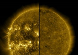 A sinistra il Sole durante il massimo solare (aprile 2014), a destra il Sole durante il minimo solare (dicembre 2019) (fonte: NASA / SDO) © ANSA/Ansa