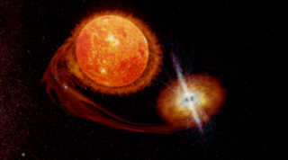 L’immagine riporta un modello 3D che riproduce una visione artistica di una Low-Mass X-ray Binary (Lmxb), un sistema binario composto da una stella evoluta di piccola massa, una gigante rossa (la stella donatrice da cui materiale stellare viene sottratto) ed una stella di neutroni (su cui il materiale stellare sottratto alla stella compagna precipita). Modello 3D disponibile al link https://skfb.ly/6QVF8