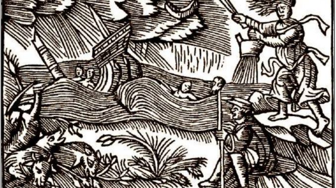 Una strega crea una tempesta in mare (xilografia dall’opera monumentale di Olaus Magnus Historia de Gentibus Septentrionabilus (1555)