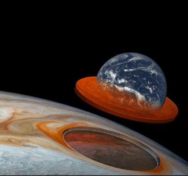 Confronto fra le dimensioni della Grande Macchia Rossa di Giove e quelle della Terra (fonte: NASA/JPL-Caltech/SwRI/MSSS, Kevin M. Gill (CC BY), NASA)
