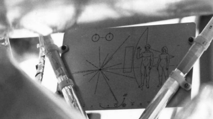 La placca attaccata al Pioneer 10 nel 1972 con alcune informazioni sull'uomo rivolte a eventuali intelligenze extraterrestri - Nasa 