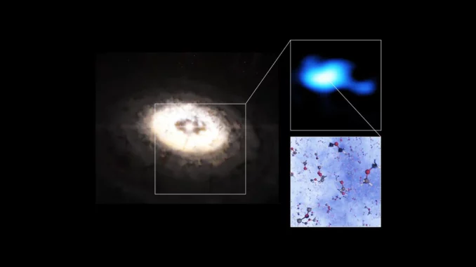 Rappresentazione grafica dell’etere dimetilico trovato nelle polveri attorno alla stella IRS 48, lontana 444 anni luce dalla Terra.