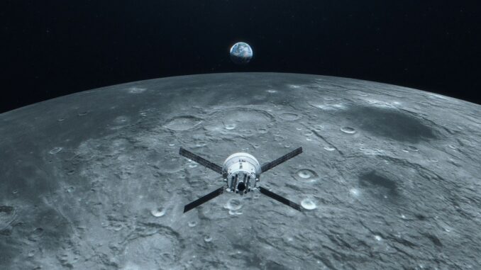 Un'illustrazione mostra la fase più importante della missione Artemis I: la navicella Orion che sorvola la Luna. Nasa