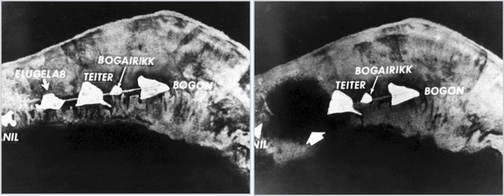 L’atollo di Enewetak in una foto aerea d’epoca, prima e dopo l’esplosione