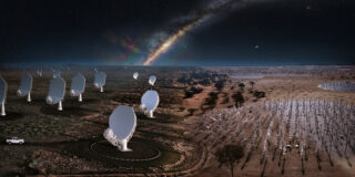 A composite image of the future SKA telescopes, blending what already exists on site with artist's impressions. From left: An artist's impression of the future SKA-Mid dishes blend into the existing precursor MeerKAT telescope dishes in South Africa. From right: A artist's impression of the future SKA-Low stations blends into the existing AAVS2.0 prototype station in Australia. Credit: SKAO