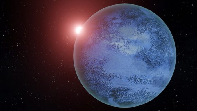 Rappresentazione artistica di un pianeta ghiacciato con un oceano di acqua liquida sotto la superficie (fonte: Lujendra Ojha)