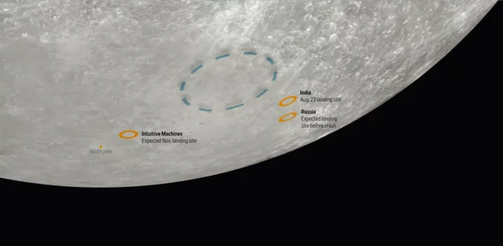 Siti di atterraggio dei lander al polo sud della luna.