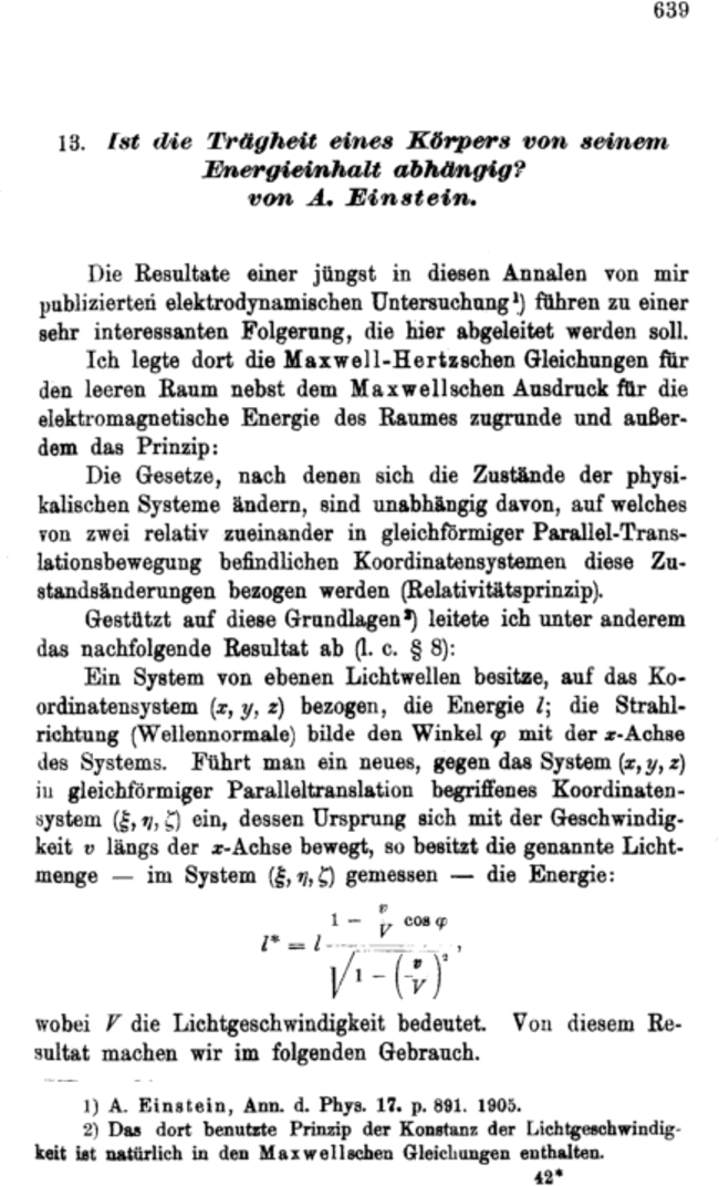 Prima pagina dell’articolo “Ist die Trägheit eines Körpers von seinem Energieinhalt abhängig?” di Albert Einstein pubblicato il 27 settembre 1905 nella rivista Annalen der Physik. Credits: Einstein 1905
