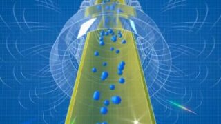 Un rendering concettuale degli atomi di anti-idrogeno che cadono dal fondo della trappola magnetica dell’apparato Alpha-g. Quando gli atomi di anti-idrogeno fuoriescono, toccano le pareti della trappola e si annichiliscono. La maggior parte delle annichilazioni avviene sul lato inferiore della trappola, a dimostrazione del fatto che la gravità attira l’anti-idrogeno verso il basso. Crediti: Keyi “Onyx” Li/U.S. National Science Foundation