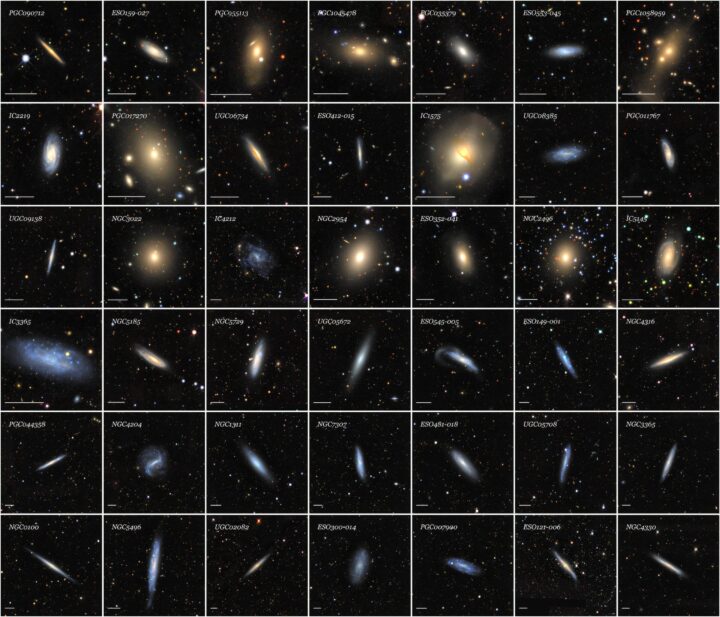 Mosaico ottico di 42 galassie del Siena Galaxy Atlas 2020 ordinate per diametro angolare crescente da sinistra in alto, a destra in basso. Le galassie vengono scelte casualmente da una distribuzione di probabilità uniforme nel diametro angolare. La barra bianca orizzontale nell’angolo inferiore sinistro di ciascun pannello rappresenta 1 minuto d’arco e i ritagli del mosaico vanno da 3,2 a 13,4 minuti d’arco. Questa figura illustra l’enorme gamma di tipologie, dimensioni, colori e profili di luminosità superficiale, struttura interna e ambienti delle galassie presenti nell’atlante. Crediti: Ctio/ NoirLab/ Doe/ Nsf/ Aura/ J. Moustakas