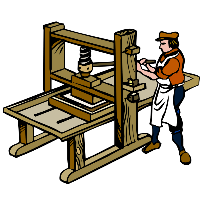 Illustrazione di un'antica macchina tipografica europea in legno