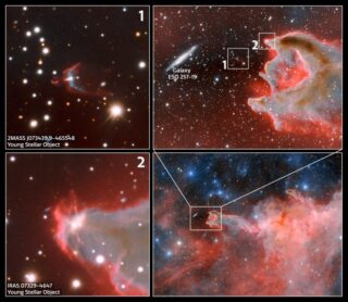 In questo primo piano, sembra che Cg 4 stia per divorare la galassia a spirale Eso 257-19 (Pgc 21338). In realtà, questa galassia si trova a più di cento milioni di anni luce da Cg 4 e sembra esserle vicina solo per un allineamento prospettico. Vicino alla testa del globulo cometario si trovano due giovani oggetti stellari: stelle nella fase iniziale della loro evoluzione, prima di diventare stelle di sequenza principale, che spesso presentano caratteristiche come getti, flussi bipolari, dischi protoplanetari e altri indicatori della nascita di una nuova stella. Crediti: Ctio/NoirLab/Doe/Nsf/Aura, T.A. Rector (University of Alaska Anchorage/Nsf’s NoirLab), D. de Martin & M. Zamani (Nsf’s NoirLab)