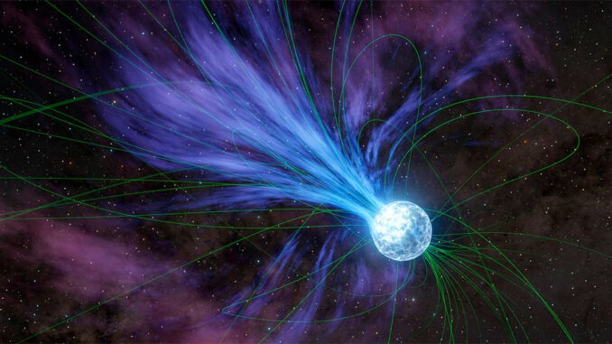 Illustrazione di un brillamento gigante di magnetar. Le linee di campo magnetico sono indicate in verde. Crediti: Nasa/Jpl-Caltech
